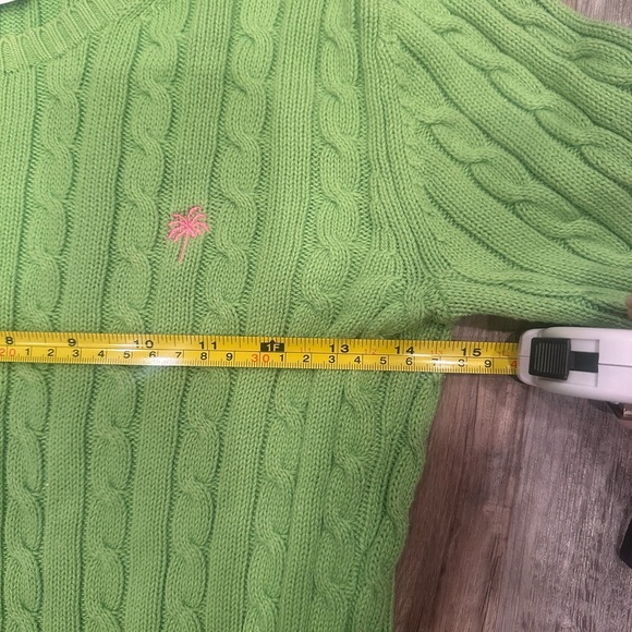 Lilly Pulitzer Green Cable Knit Sweater Pink Palm Tree Sz XS Vintage - Picture 4 of 9